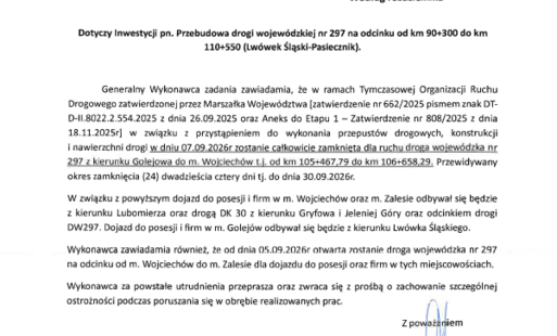 Informacja o zamknięciu odcinka drogi wojewódzkiej nr 297